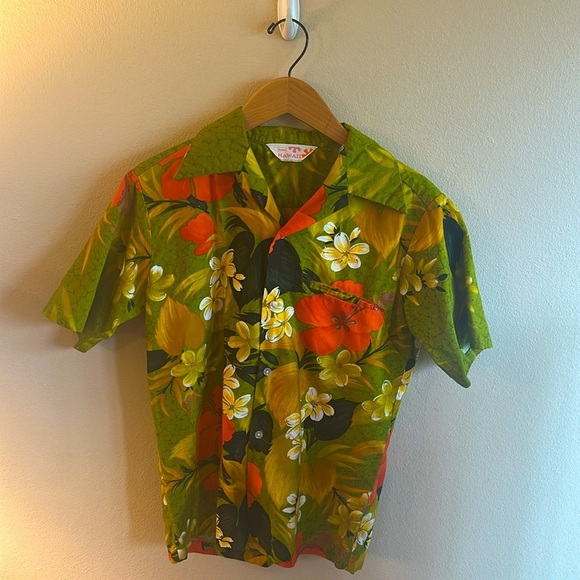 Sears Vintage 70s Hawaiian Floral Button Up Shirt Green Mens - Picture 3 of 10